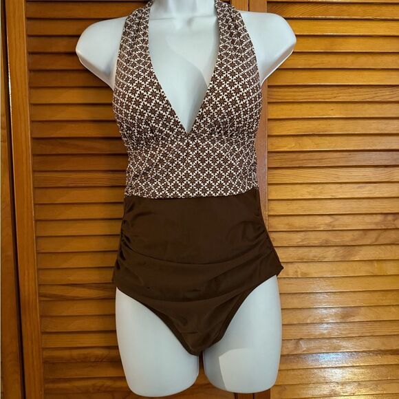 Cupshe Brown and White One Piece Swimsuit Patterned Halter Solid Bottom Beach - Picture 1 of 6